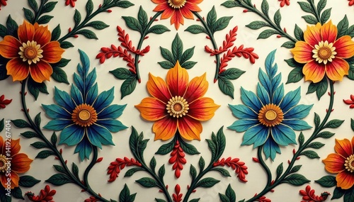 Intricate floral damask textile, faded elegance, craft, decoration