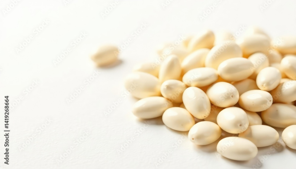 Scattered white beans against stark white backdrop, white beans, beans Scattered white beans against stark white backdrop, white beans, beans