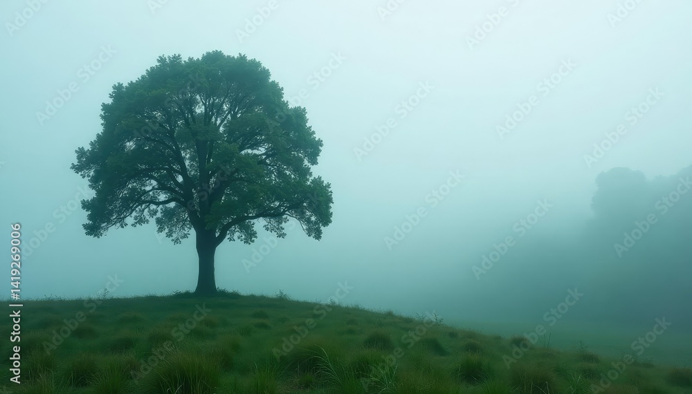 Fototapeta premium Single tree in a misty forest with fog swirling around it, solitude, fog, nature