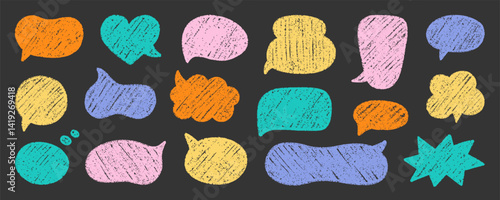 Chalk pencil speech bubbles doodle set. Crayon communication frame, comic talk balloon in sketch style, Grunge texture. Hand drawn vector illustration isolated on black background