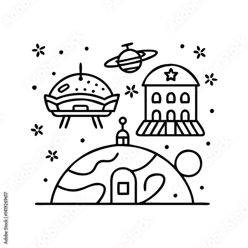 space colony icon, space colony line art - simple line art of space colony, perfect for space colony logos and icons