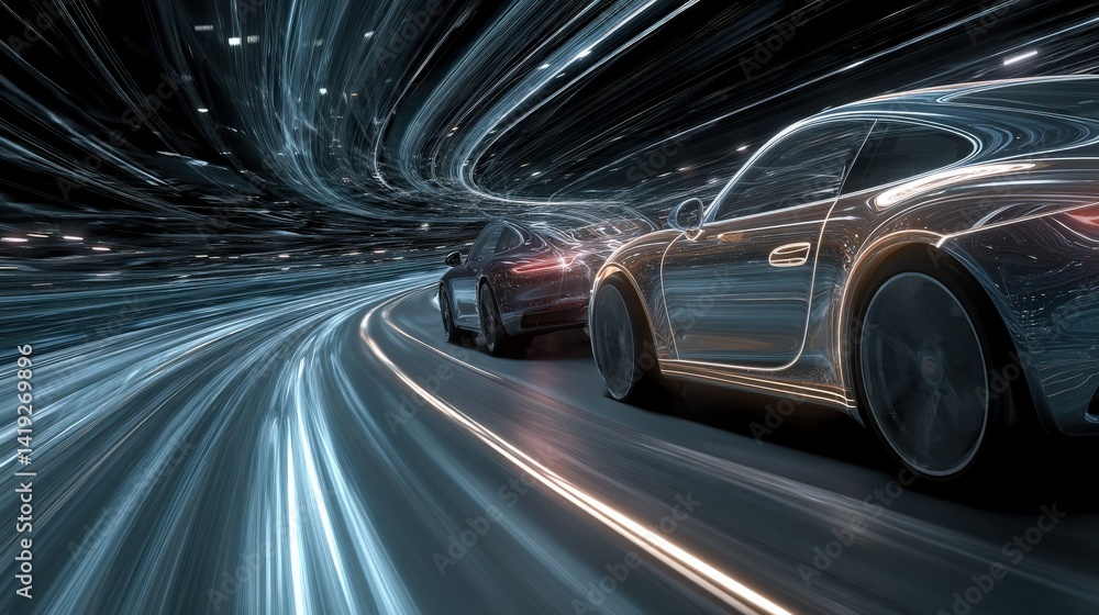 Fototapeta premium Two Cars Racing on a Futuristic Spiral Circuit with Holographic Technology and Dynamic Light Trails