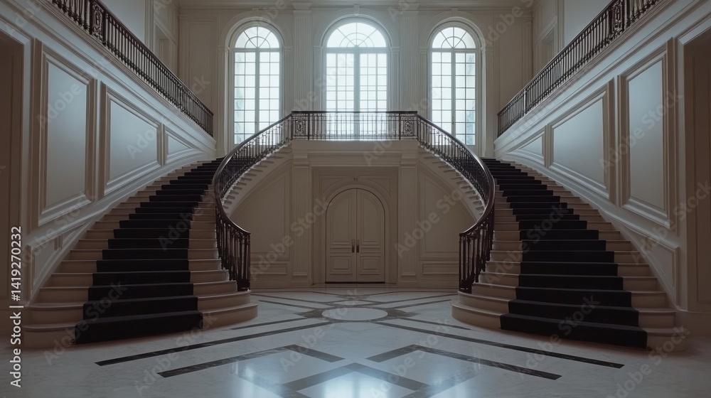 Obraz premium Grand foyer features symmetrical curved staircases and arched windows