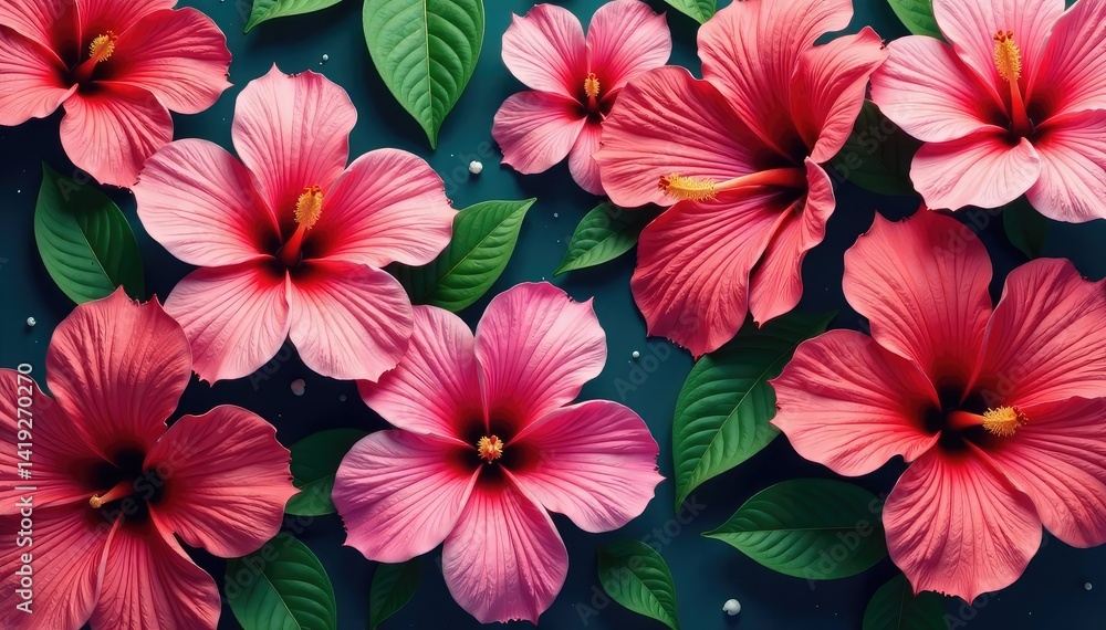 Vibrant tropical hibiscus blossoms, continuous design, design element, design Vibrant tropical hibiscus blossoms, continuous design, design element, design