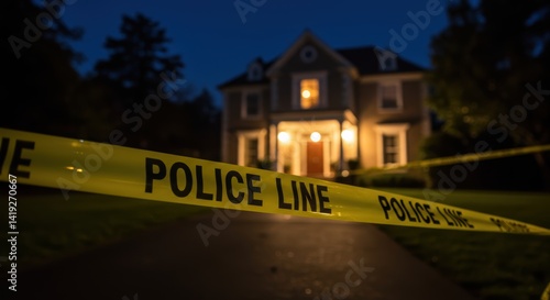 Yellow police line tape in front of house at night. Suitable for crime scene, investigation, suspense, and mysterythemed projects.