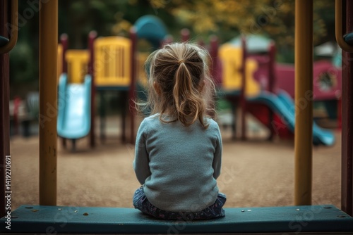 
Little girl sitting lonely watching friends play at the playground.The feeling was overlooked by other people. Concept child shy.

