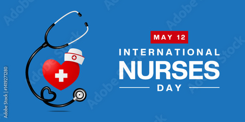 May 12th Is International Nurses Day. Stethoscope, heart, plus icon and nurses hat. Great for posters, banners, social media and more. Blue background.