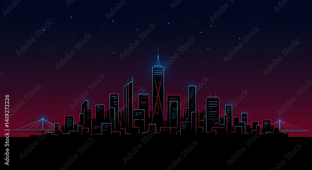 Fototapeta premium City Skyline at Night with Bridge and Stars