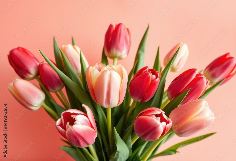Beautiful bouquet of pink and red tulips on a coral background A perfect spring floral arrangement Beautiful bouquet of pink and red tulips on a coral background A perfect spring floral arrangement