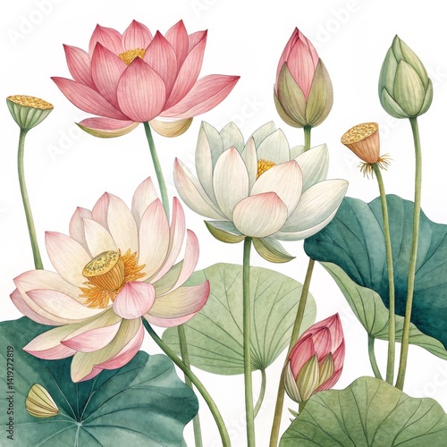Wallpaper Mural Watercolor Lotus Blossom Composition Pink and White Flowers, Botanical Illustration, Floral Art, Nature Lotus, Botanical Illustration Torontodigital.ca