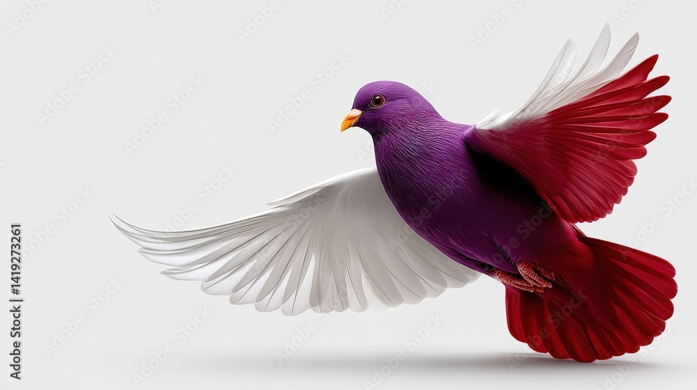 Fototapeta premium Colorful Bird in Flight with Purple and White Feathers Against a Minimalist Background