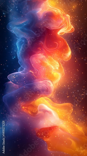Swirling cosmic clouds mobile wallpaper in blue purple orange yellow with twinkling stars


