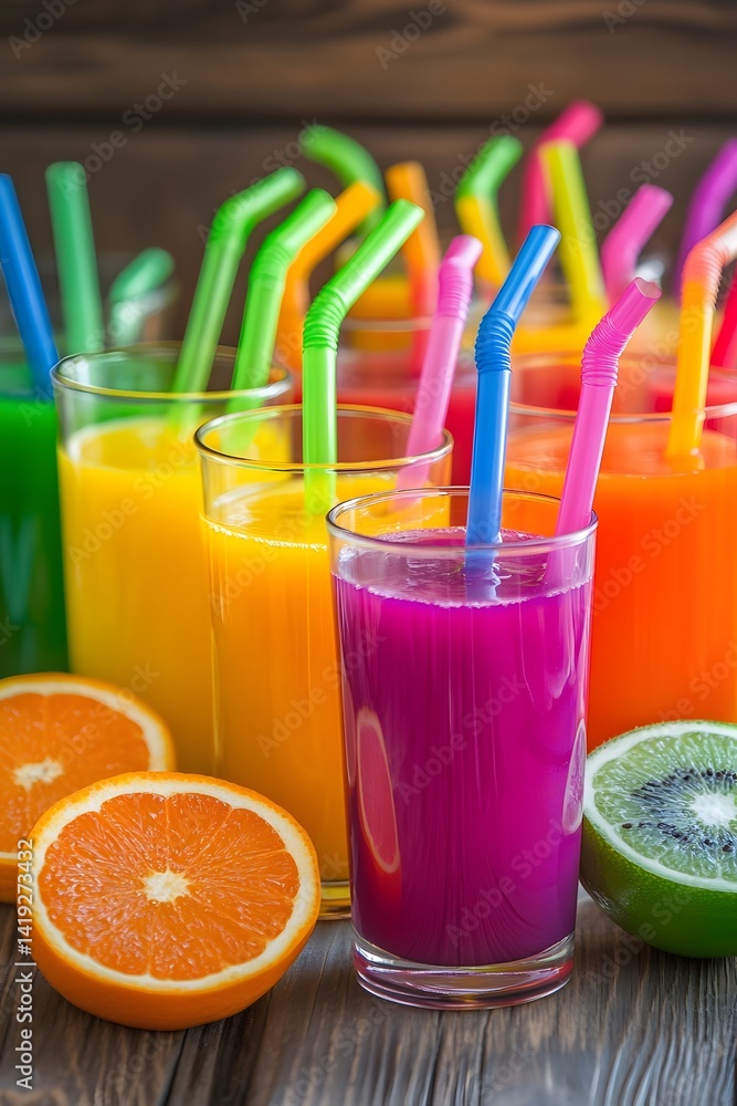 Fototapeta premium Rainbow Fruit Juice Glasses Colorful Drinks
