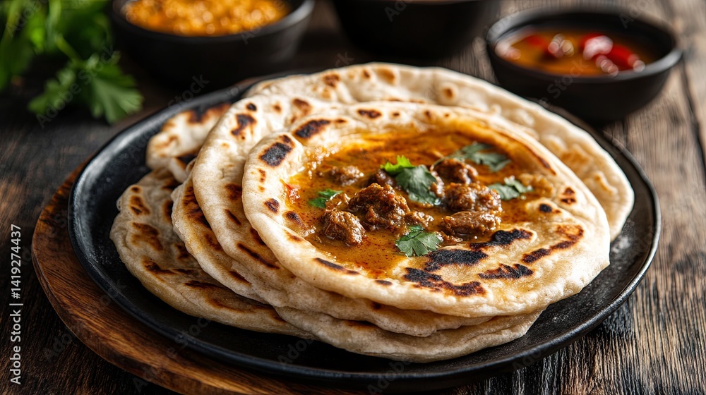 Served with lamb curry sauce, Roti Paratha or Roti Canai is a favourite morning dish among Malaysians. Served with lamb curry sauce, Roti Paratha or Roti Canai is a favourite morning dish among Malaysians.