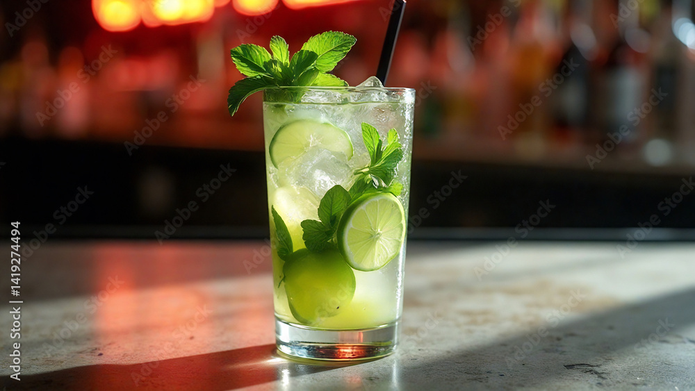 a fresh mojito with mint leaves and lime, light filtering through the ice, placed on a polished concrete bar countertop, neon lights softly glowing in the background
a fresh mojito with mint leaves and lime, light filtering through the ice, placed on a polished concrete bar countertop, neon lights softly glowing in the background