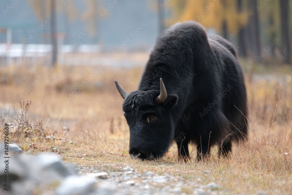 Fototapeta premium Yak Grazing in a Field Autumn Landscape with Golden Trees