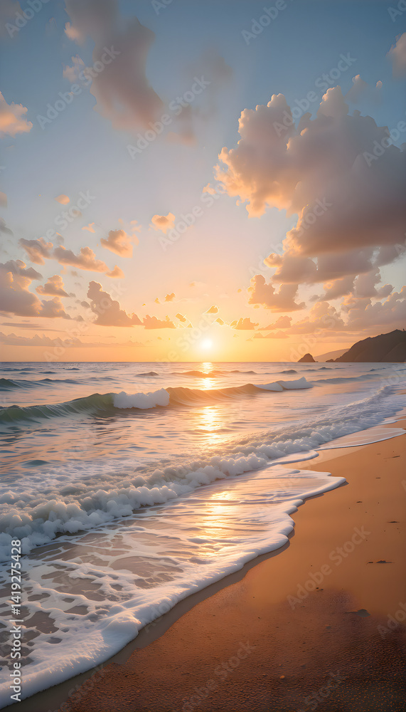 Obraz premium A beach with waves and a sunset
