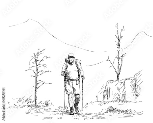 Hand-drawn vector illustration of a hiker walking with trekking poles in a mountain landscape. Black and white sketch, outdoor adventure and nature exploration concept