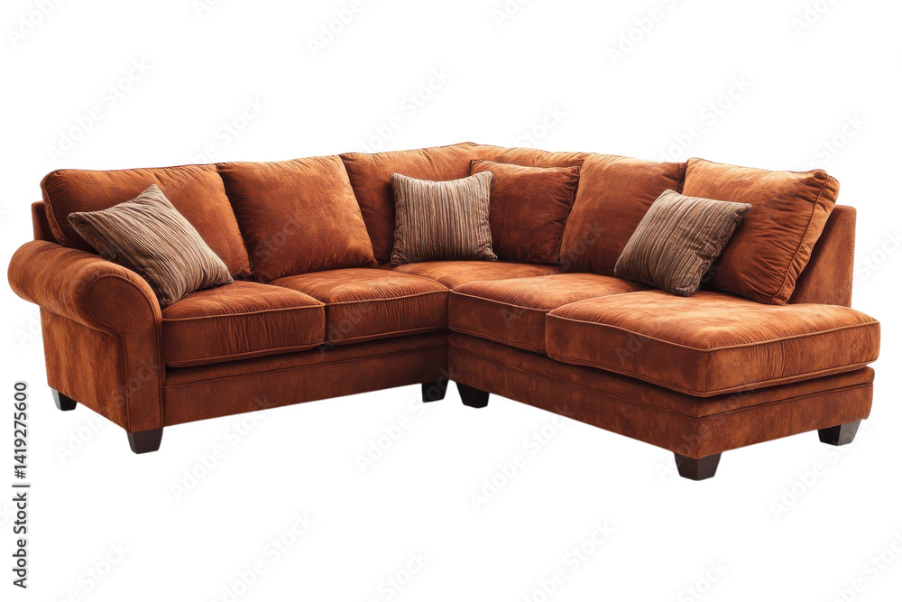 Fototapeta premium Luxurious brown velvet sectional sofa perfect for relaxation and modern living rooms featuring on transparent background