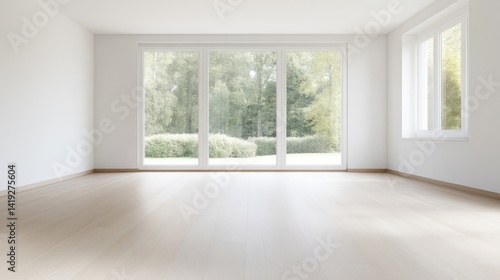 Empty room with large windows overlooking a garden