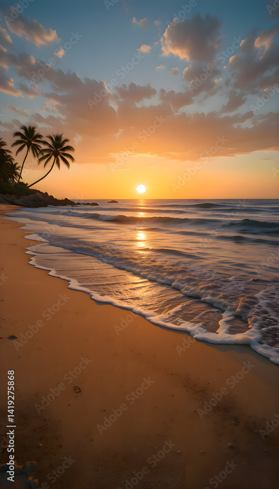 Fototapeta premium A beach with a sunset and palm trees