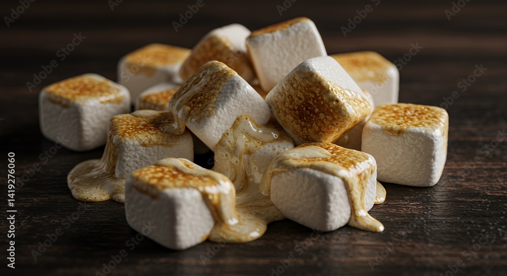 Fototapeta premium Melted Marshmallows on Dark Wood Background