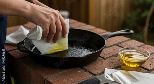 Oiling Cast Iron Skillet Outdoors: Close-Up of Hands Applying Oil with Paper Towel