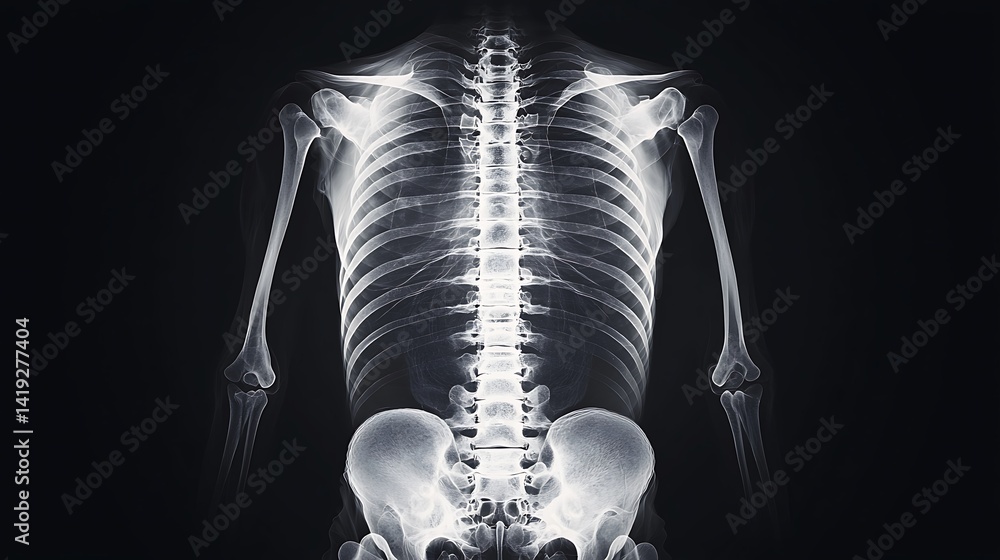 An X-ray image showcasing a human skeleton from the back, emphasizing the spine, ribs, and pelvis against a dark background.