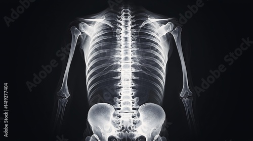 Obraz na płótnie An X-ray image showcasing a human skeleton from the back, emphasizing the spine, ribs, and pelvis against a dark background. w salonie