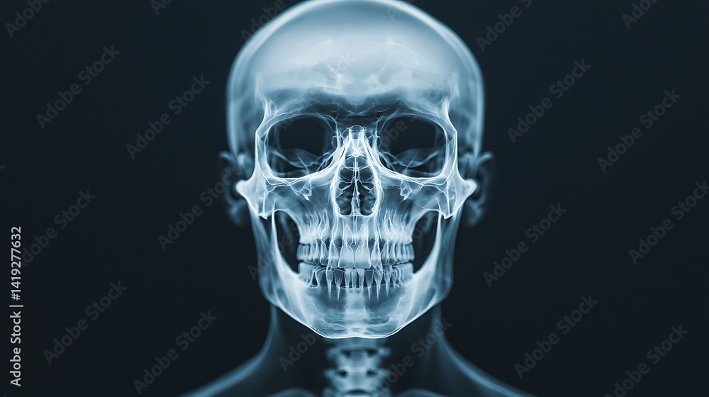 A highly detailed x-ray image of a human skull, showcasing the intricate bone structure against a dark background. A highly detailed x-ray image of a human skull, showcasing the intricate bone structure against a dark background.