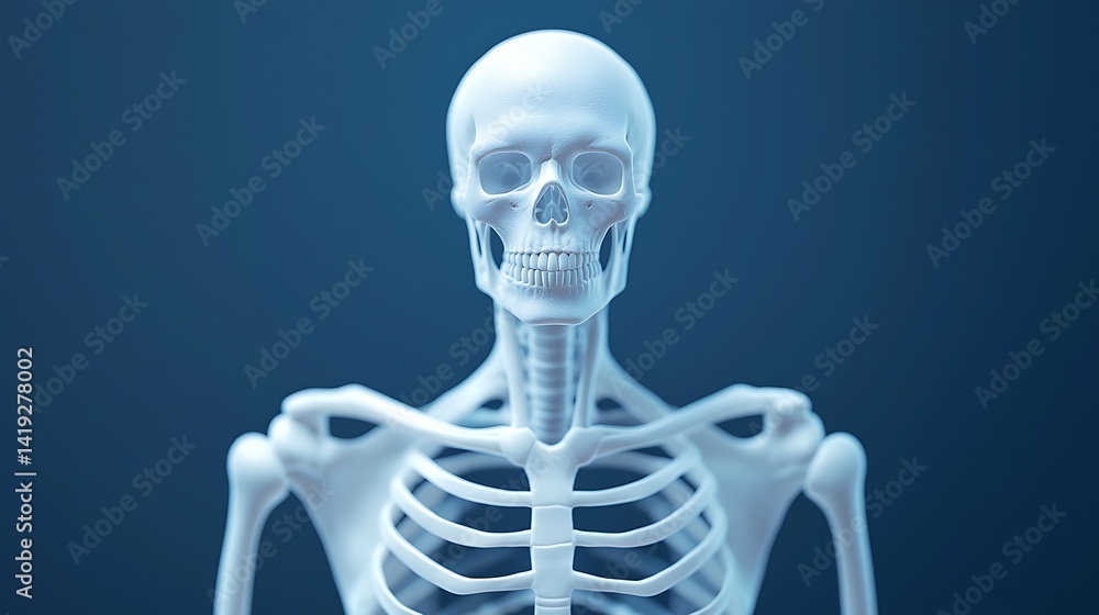 A detailed 3D model of a human skeleton against a neutral background, showcasing anatomical features and structure. A detailed 3D model of a human skeleton against a neutral background, showcasing anatomical features and structure.