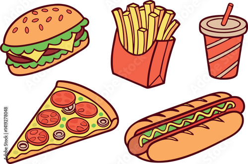 Vector fast food items. Sub sandwich,chicken wings, French fries,pizza slice  cheeseburger,and hot dog.  