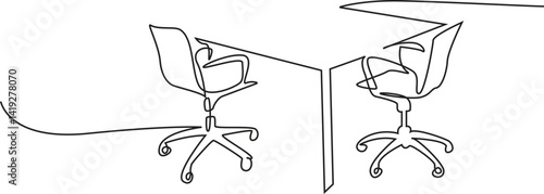 Continuous one line two office chair with table, Editable Stroke, Vector Illustration.
