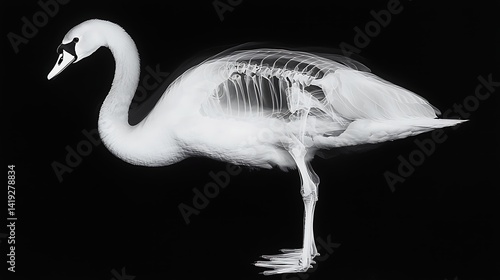 Fototapeta Naklejka Na Ścianę i Meble -  A detailed x-ray image showcasing the skeletal structure of a swan against a black background, highlighting its unique anatomy.