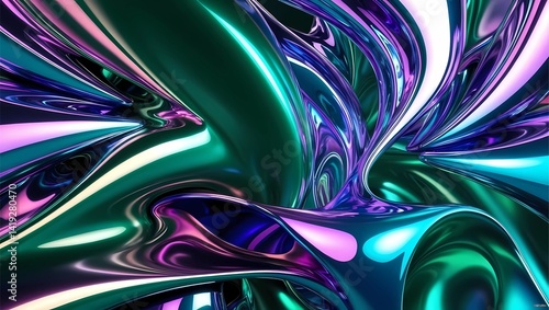 An abstract digital wallpaper with flowing liquid shapes, metallic reflections, and iridescent gradients, creating a futuristic and mesmerizing atmosphere.