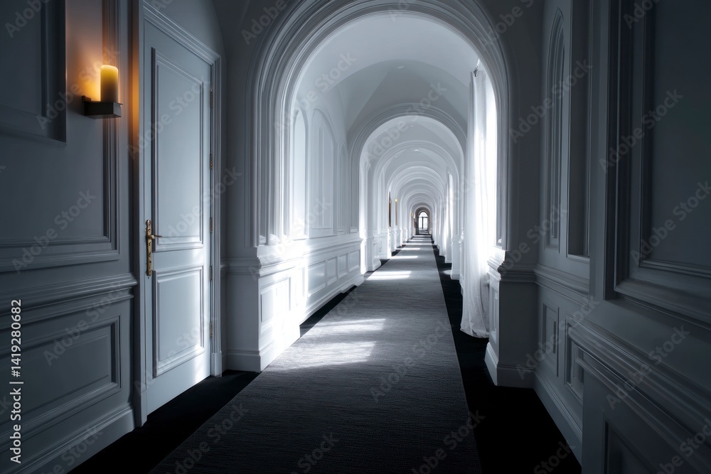Fototapeta premium Elegant White Hallway with Arches and Soft Lighting Leading to Light