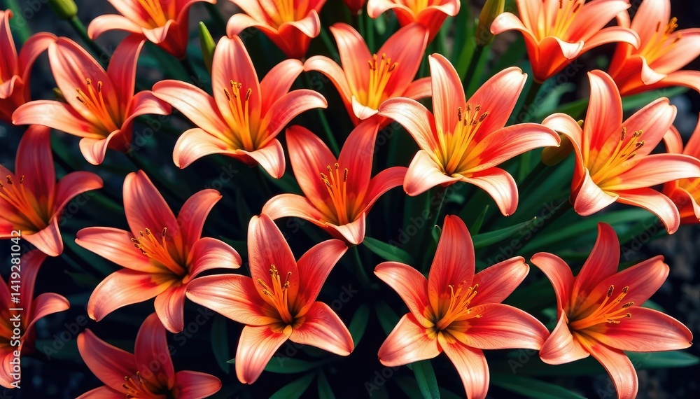 Bold, stylized lilies form a dense, overlapping pattern , minimal, repeating, geometric Bold, stylized lilies form a dense, overlapping pattern , minimal, repeating, geometric