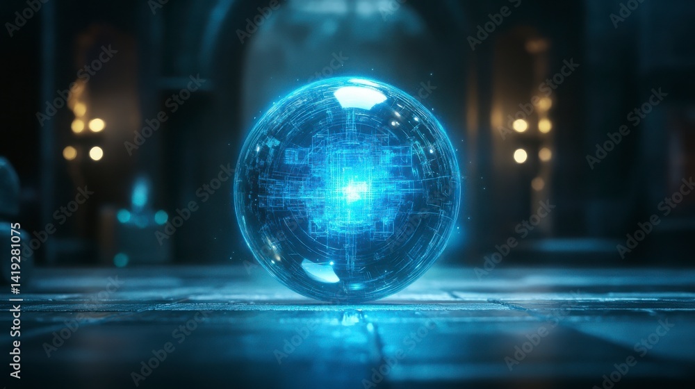 Futuristic Blue Sphere with Digital Patterns in Dark Surroundings Futuristic Blue Sphere with Digital Patterns in Dark Surroundings