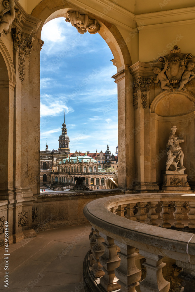 Sights of Dresden, Zwinger. View of the residence of the kings from the arch of the crown tower