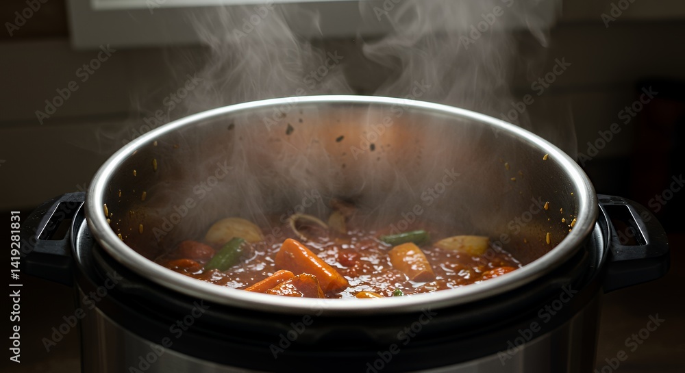 Steaming Vegetable Stew in Silver Instant Pot Steaming Vegetable Stew in Silver Instant Pot