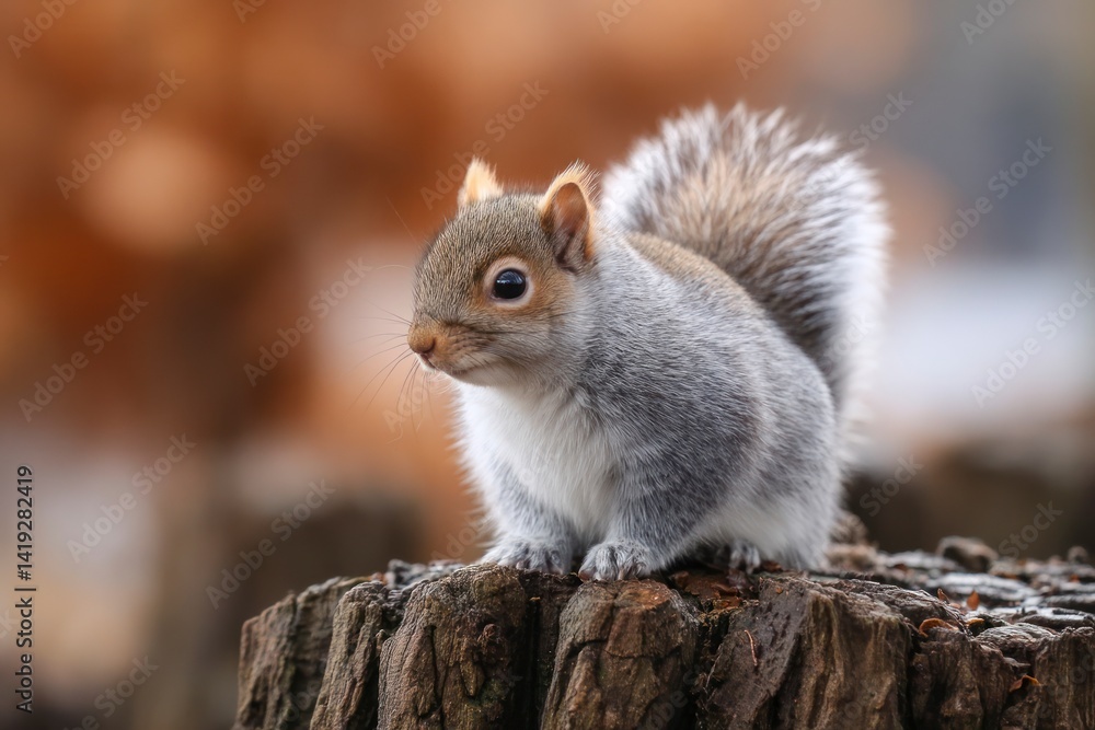 Squirrel Resting on Tree Stump Looking Left in Natural Autumn Setting Squirrel Resting on Tree Stump Looking Left in Natural Autumn Setting