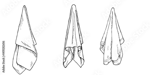 Hanging kitchen towels, black and white ink sketch. Vector illustration. A set of linen and cotton napkins, isolated on a white background. On the theme of food, cooking, catering and cleaning