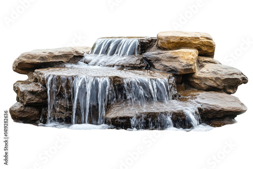 Serene cascading waterfall over brown rocks isolated on black background perfect for design on transparent background