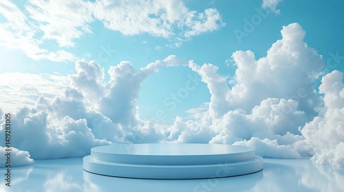 Blank Soft Aesthetic matte pastel blue podium, front view focus, with a delicate cloudy sky background 