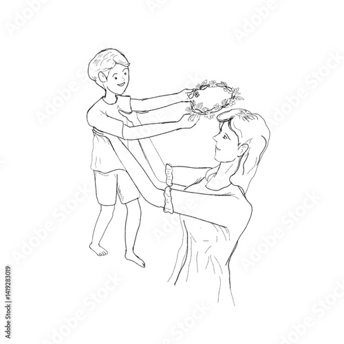 sketch of a child giving a flower crown to his mother while being carried by his mother