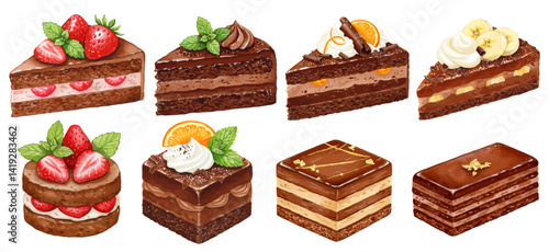 デコレーションされたチョコレートケーキの水彩風イラストセット 苺やオレンジやバナナなどのフルーツとミントや金箔が飾り付けられたホイップ生クリームのスイーツ	