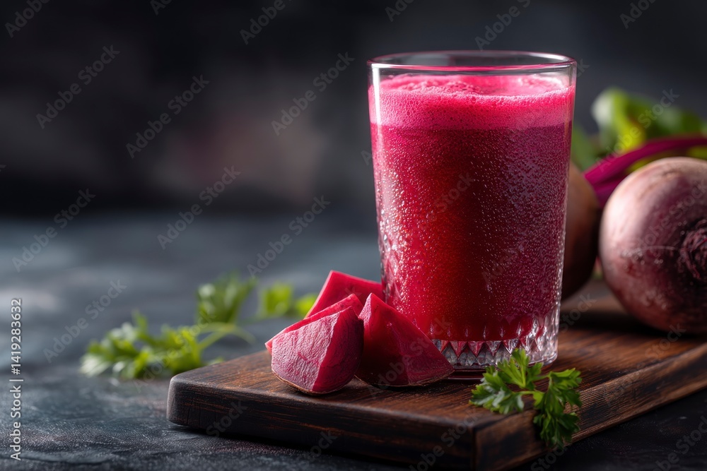Fresh Beet Juice in Glass with Beetroot Slices on Wooden Board Fresh Beet Juice in Glass with Beetroot Slices on Wooden Board