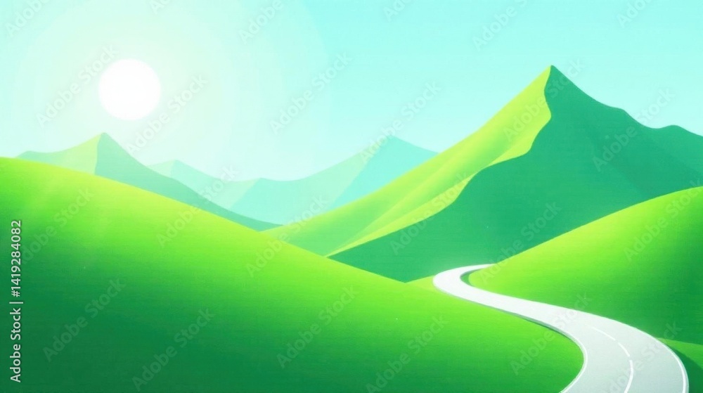 Obraz premium Serene Road Winding Through Lush Green Hills Under a Bright Sunny Sky