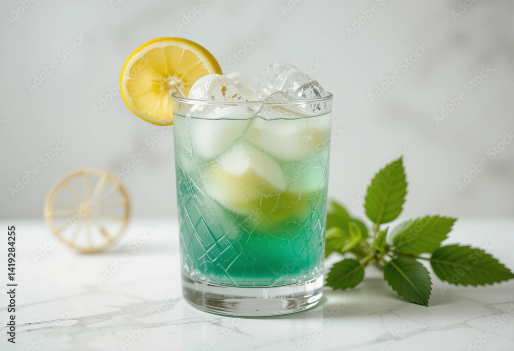 Fototapeta premium A glass of blue liquid with a lemon slice on top