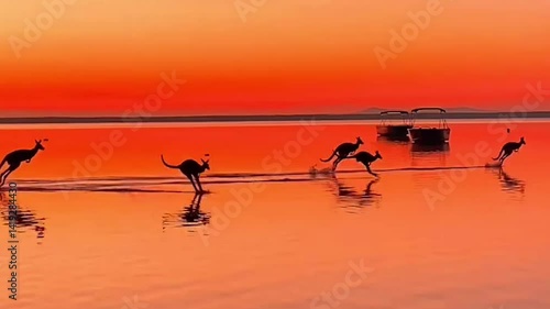 Kangaroos Hopping Through Shallow Waters at Sunset

